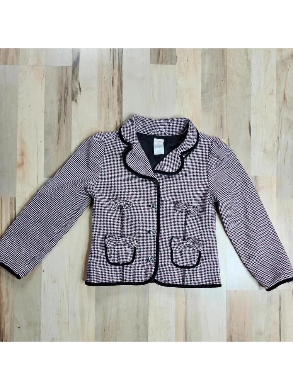 Gymboree Houndstooth Blazer Jacket Bow Pockets Black Trim Girl's Size 6